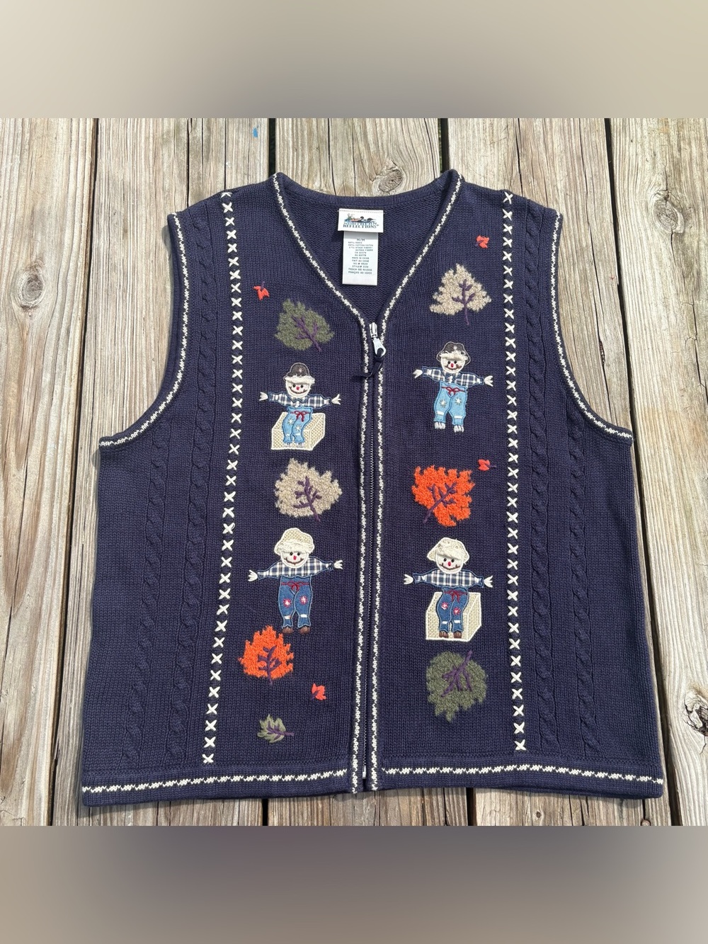 Vintage Cottagecore Fall Sweater Vest Navy Knit ZipUp Scarecrow Autumn Patchwork
